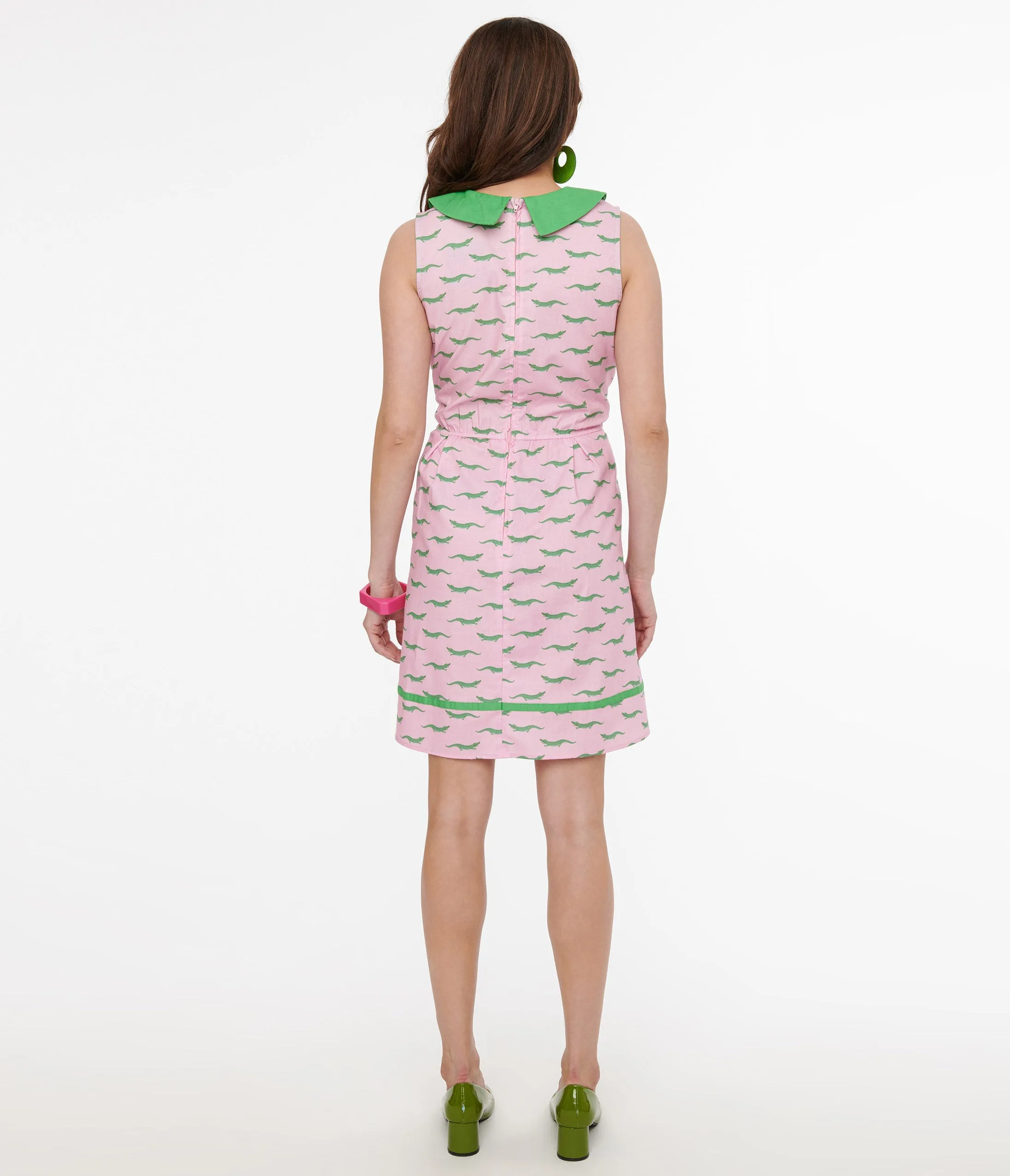 1960s Pink Green Alligator Fit Flare Cotton Dress