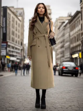 2024 Winter Woman's Long Belted Double Breasted Coat with Notched Lapel