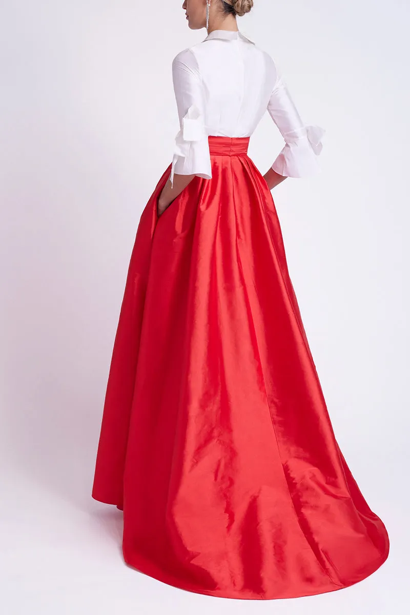 A-Line Two Tone Cocktail Evening Dress with Pockets - Satin Material - 3/4 Sleeves - Style QM3374