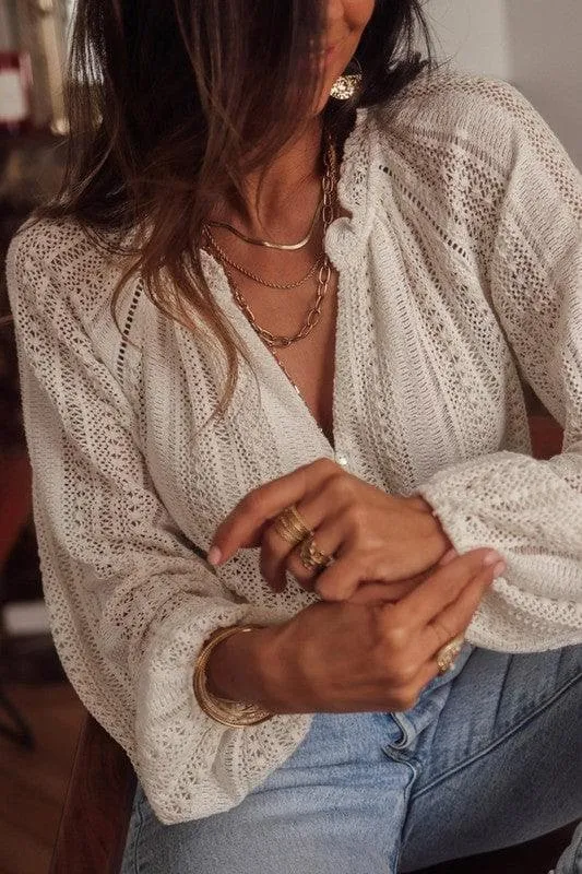 Amanda Crochet Lace Button V-Neck Sweater Blouse