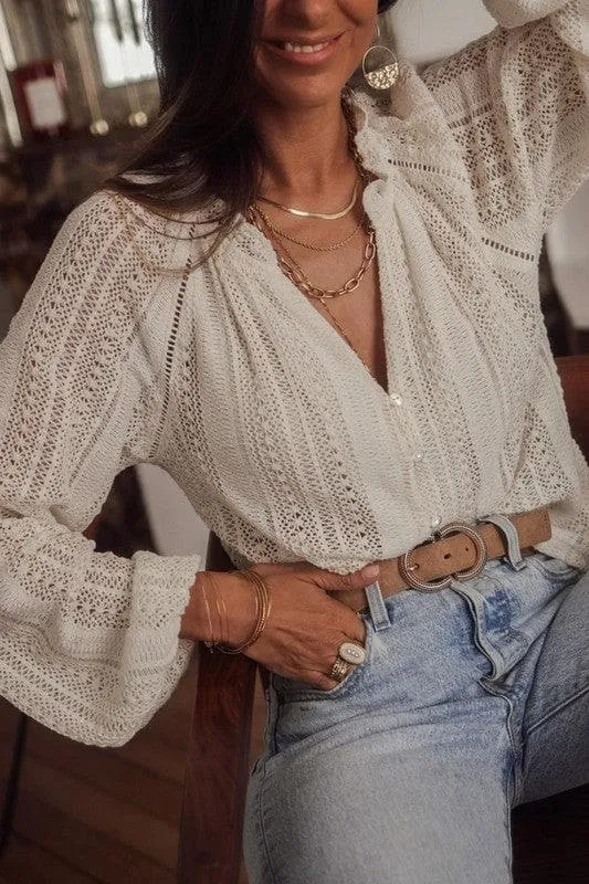 Amanda Crochet Lace Button V-Neck Sweater Blouse