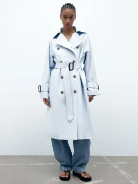 Baby Blue Trench Coat with Turndown Collar and Long Sleeves