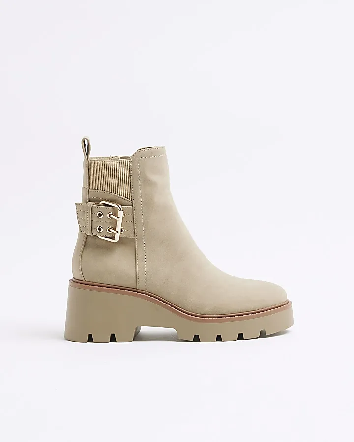 Beige Chelsea Boots with Buckle Detail