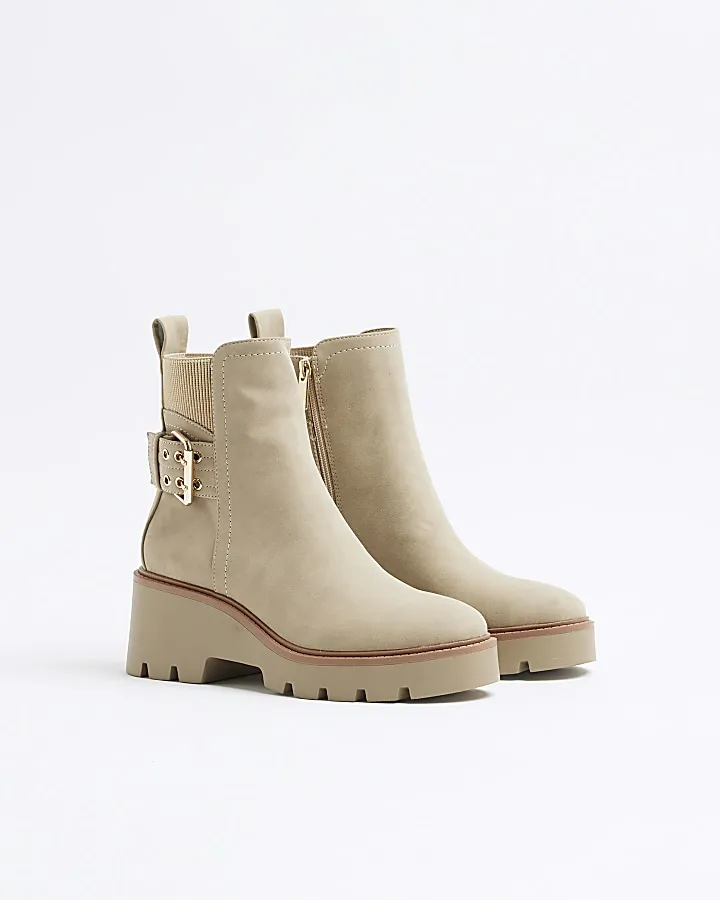 Beige Chelsea Boots with Buckle Detail