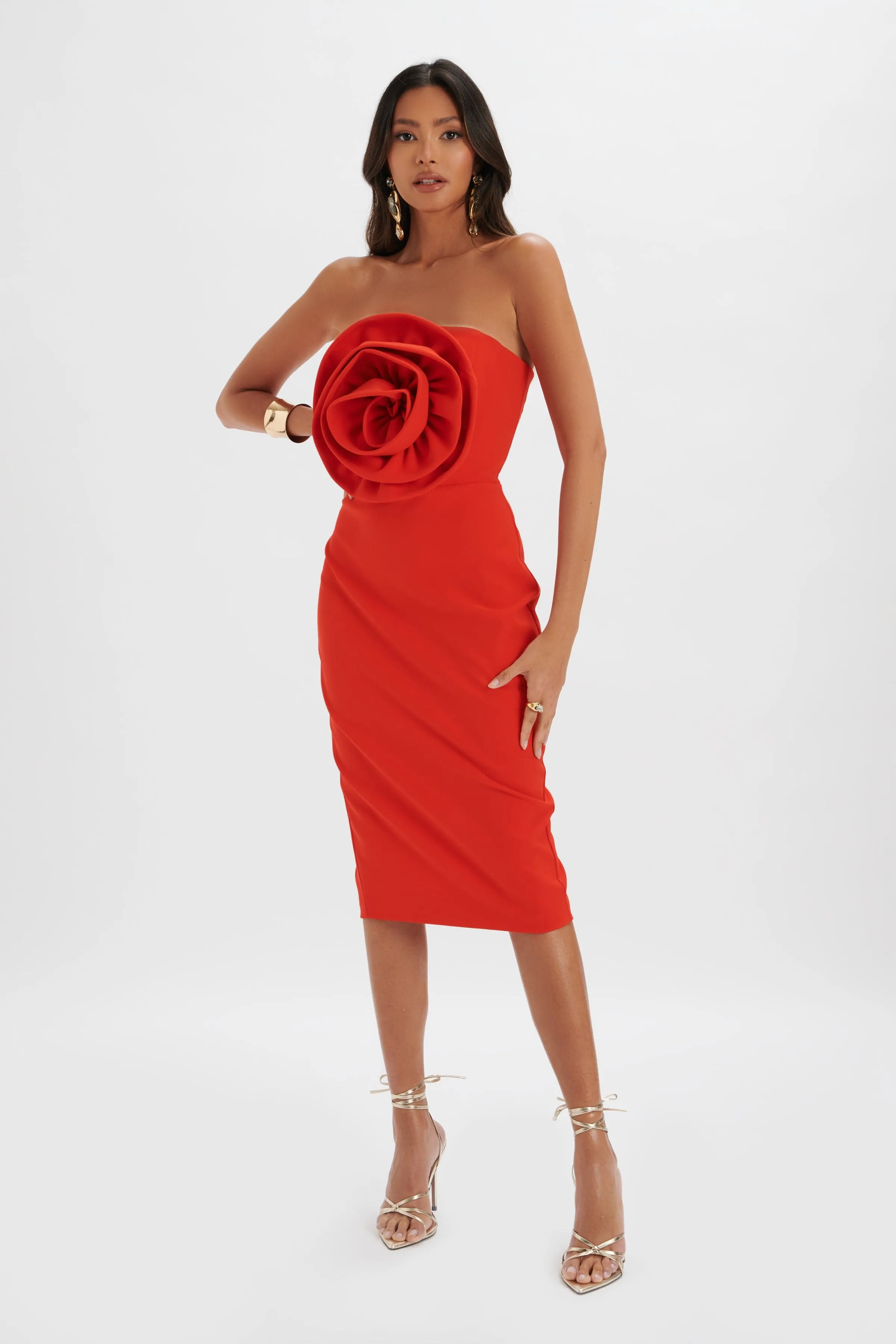 Belle 3D Flower Bandeau Midi Dress Red