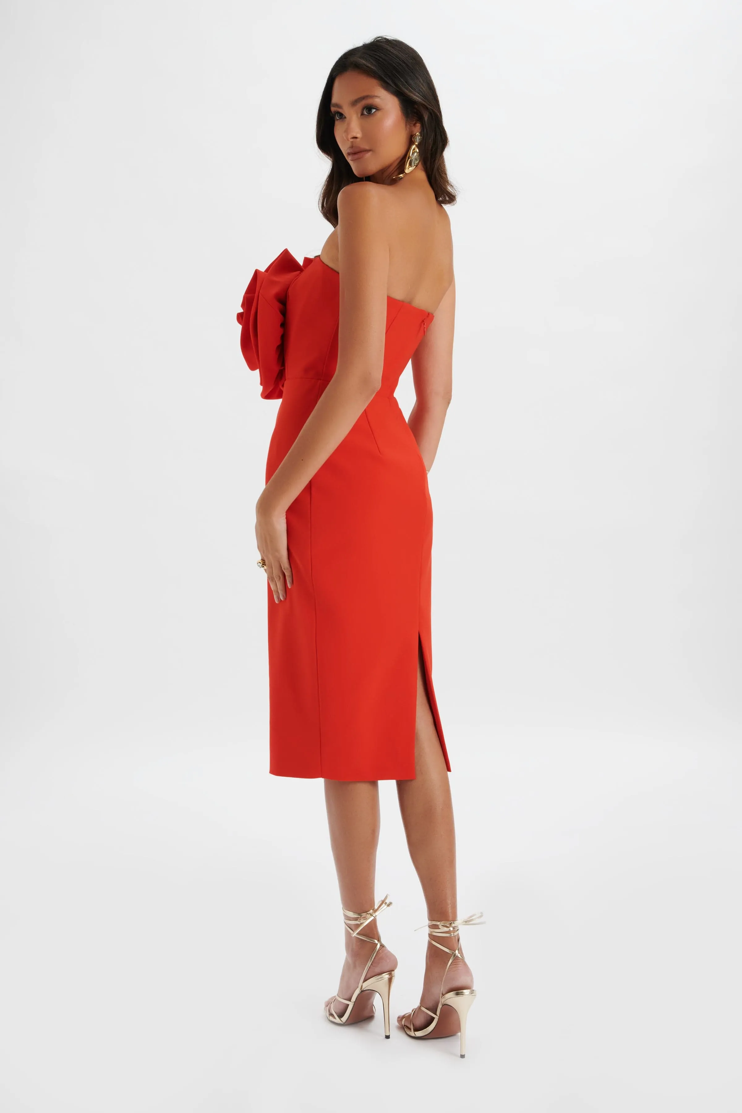 Belle 3D Flower Bandeau Midi Dress Red