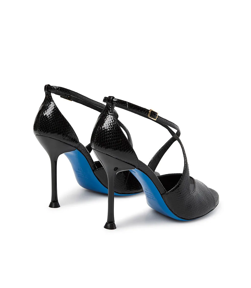 Black leather sandals with printed design