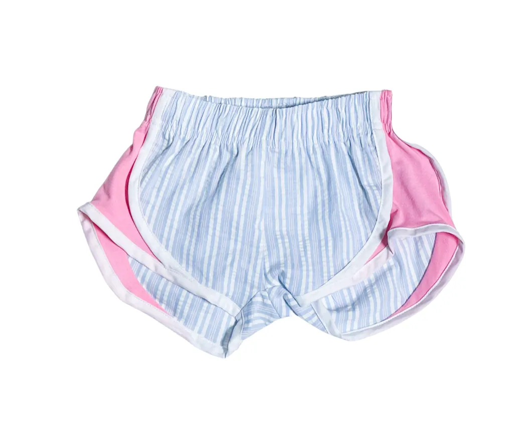 Blue and Pink Striped Athletic Shorts with Pink Accents