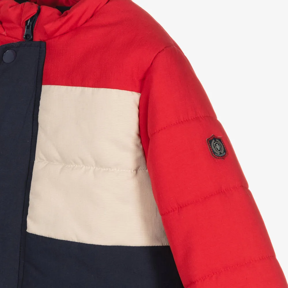 Blue and Red Color Block Puffer Jacket