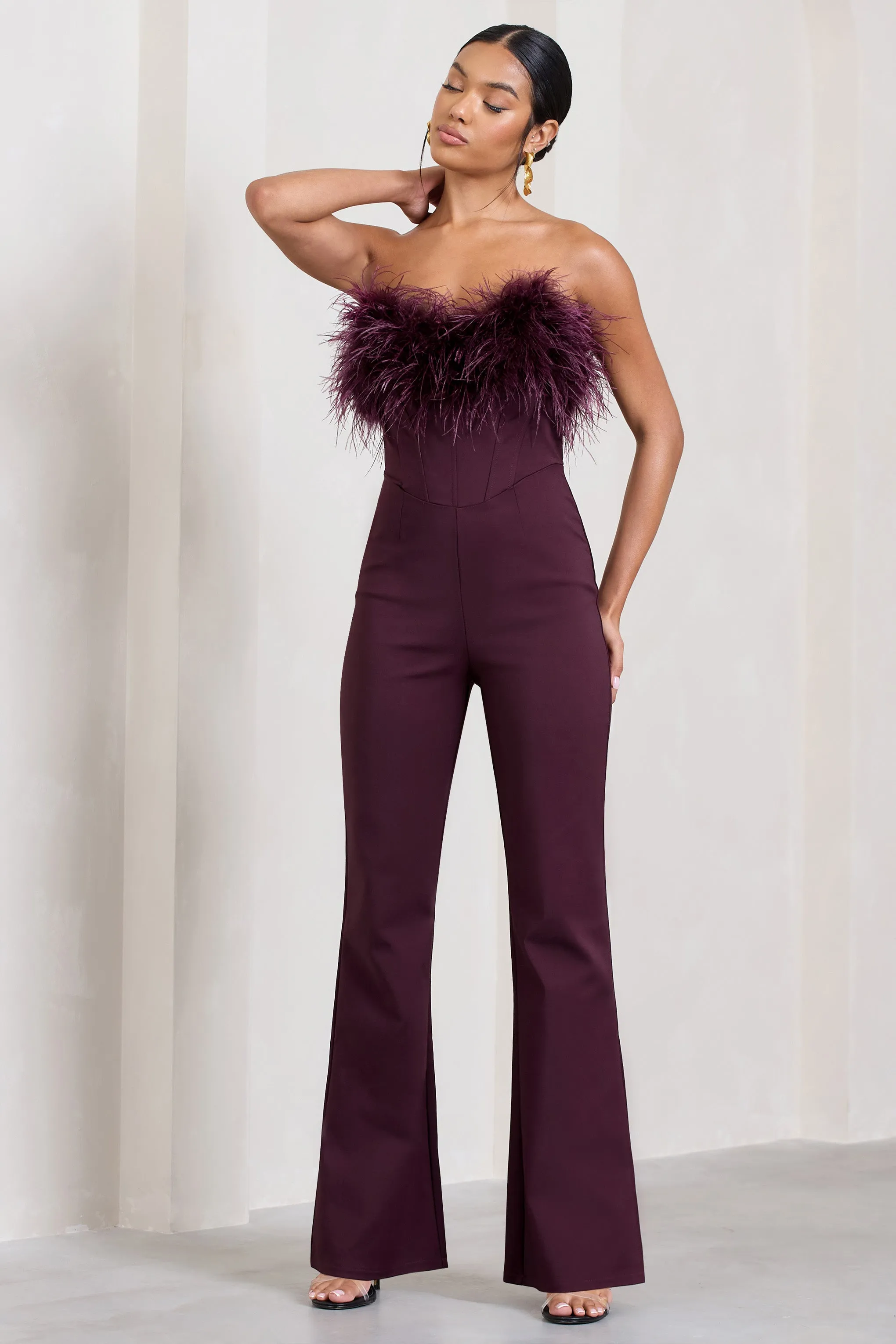 Burgundy Corset Jumpsuit with Feather Trim - Tessa