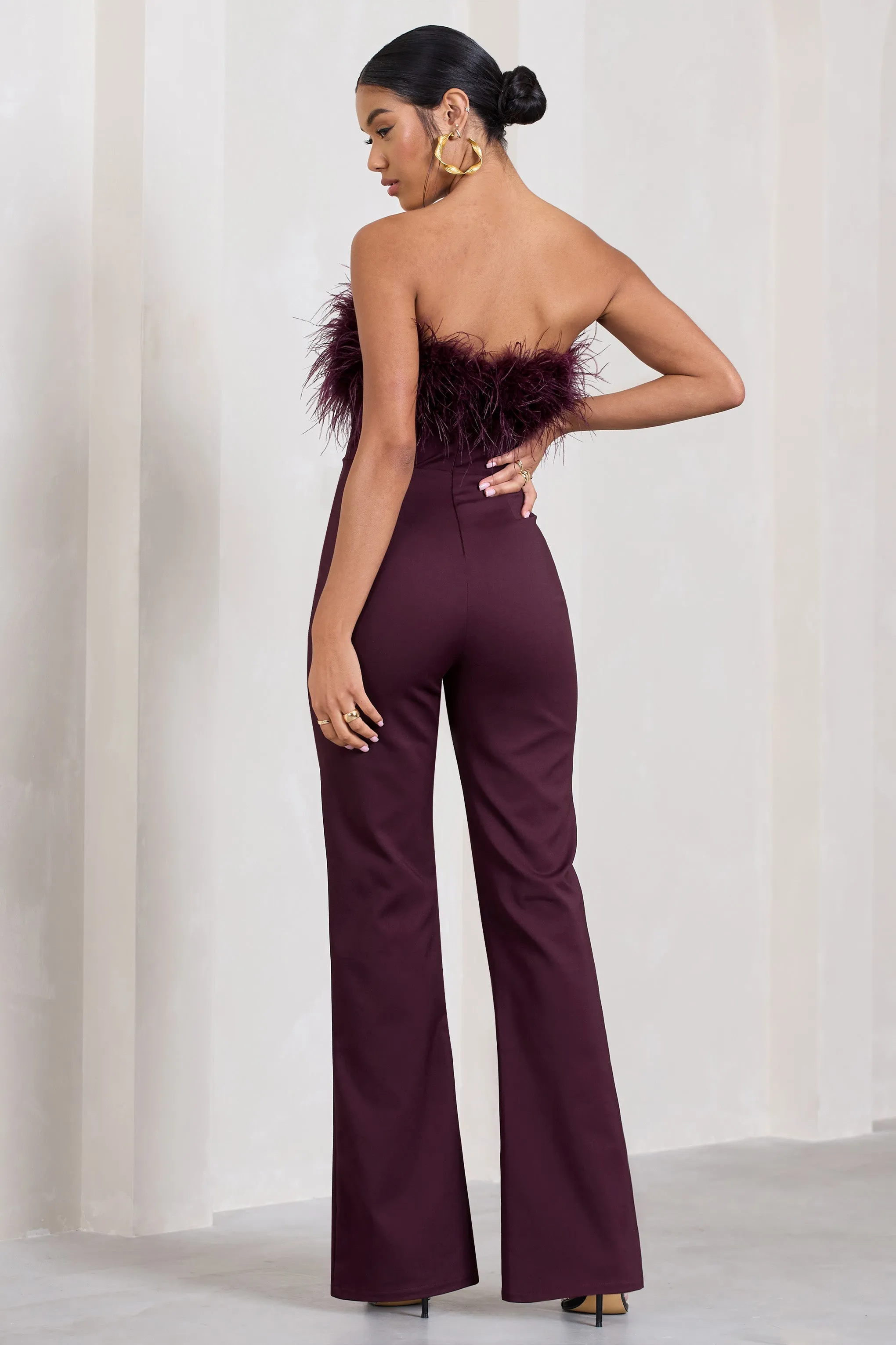 Burgundy Corset Jumpsuit with Feather Trim - Tessa