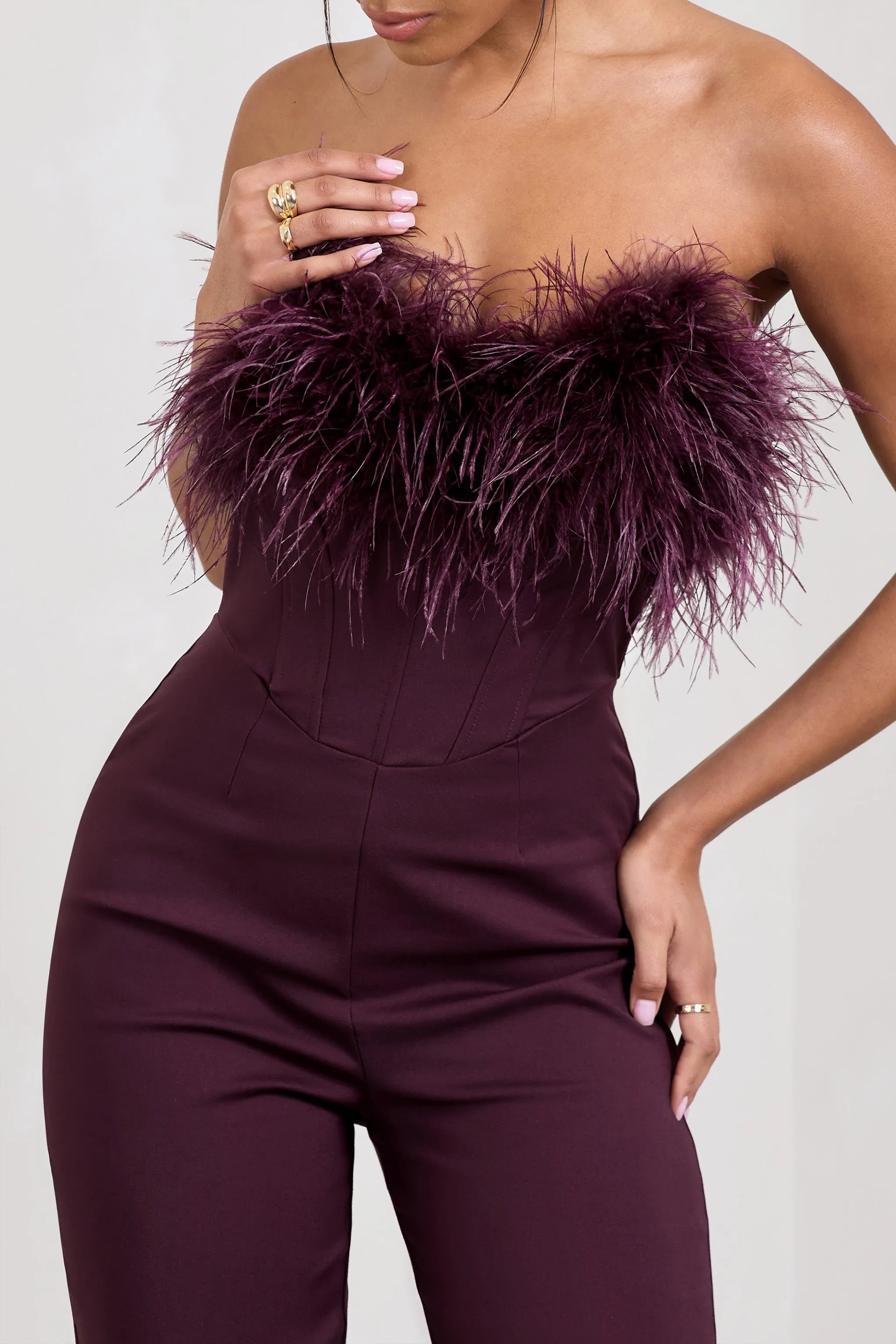 Burgundy Corset Jumpsuit with Feather Trim - Tessa