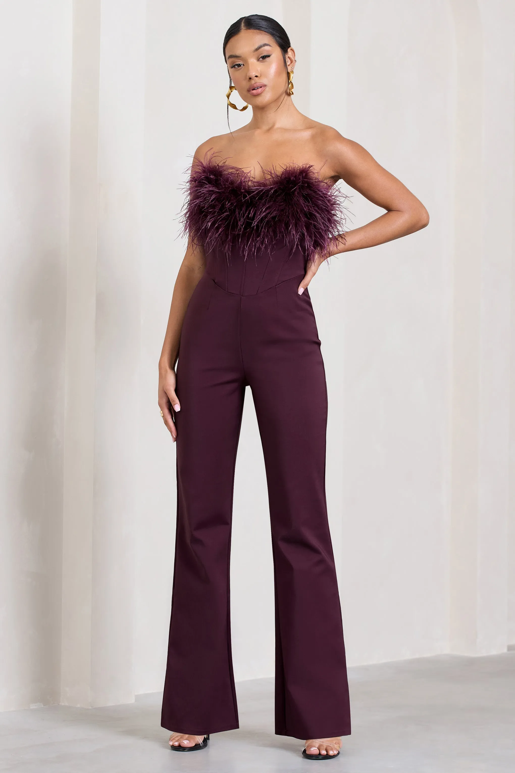 Burgundy Corset Jumpsuit with Feather Trim - Tessa