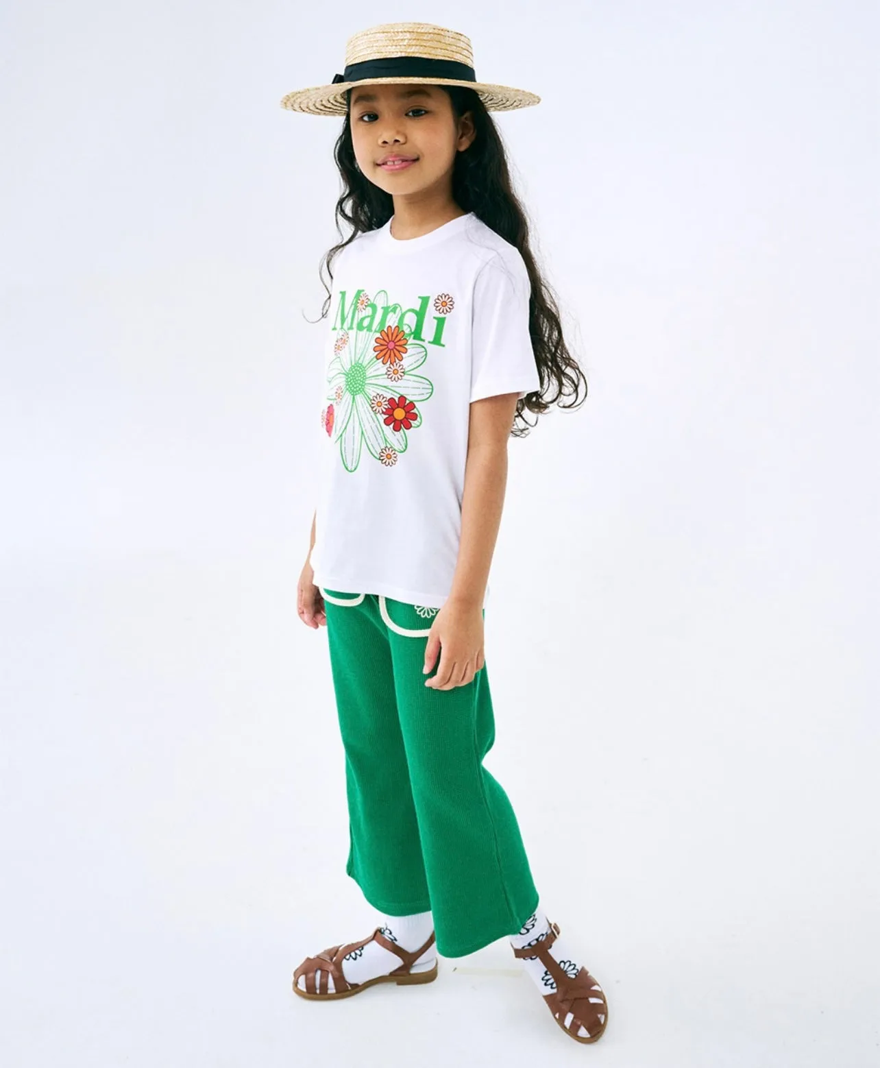 Children's T-shirt White Green Floral Design