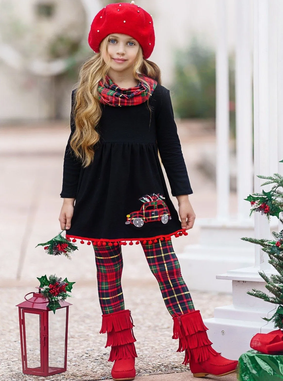 Christmas Tunic, Scarf, and Legging Set with Plaid Design