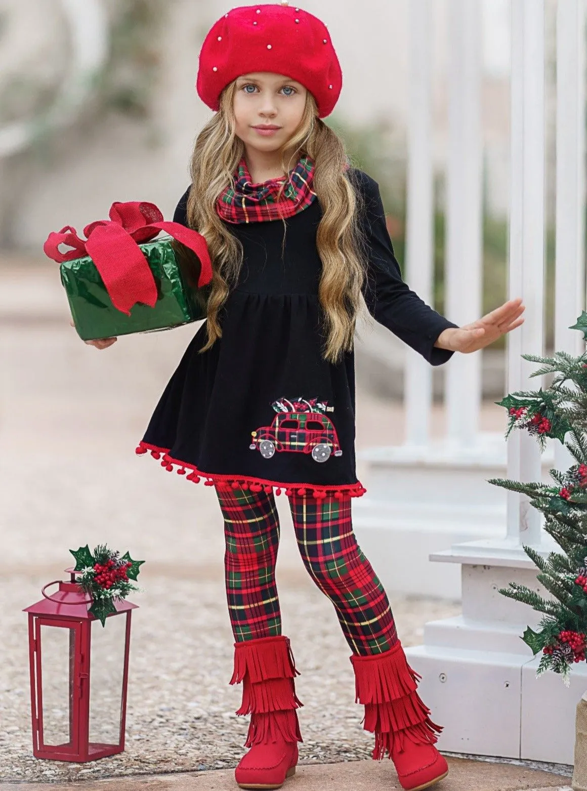 Christmas Tunic, Scarf, and Legging Set with Plaid Design