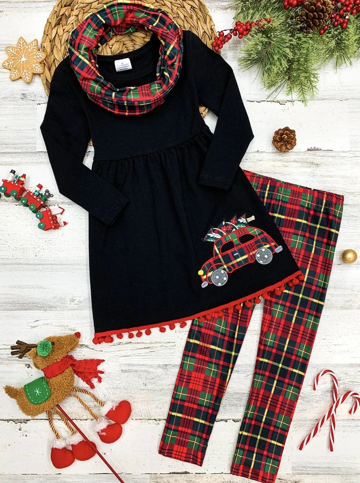 Christmas Tunic, Scarf, and Legging Set with Plaid Design