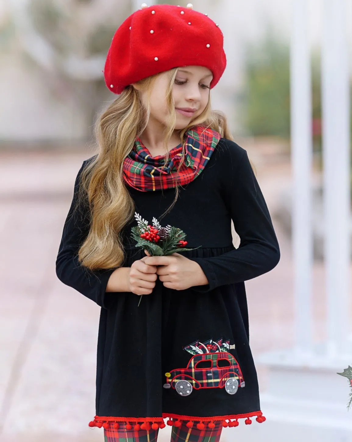 Christmas Tunic, Scarf, and Legging Set with Plaid Design