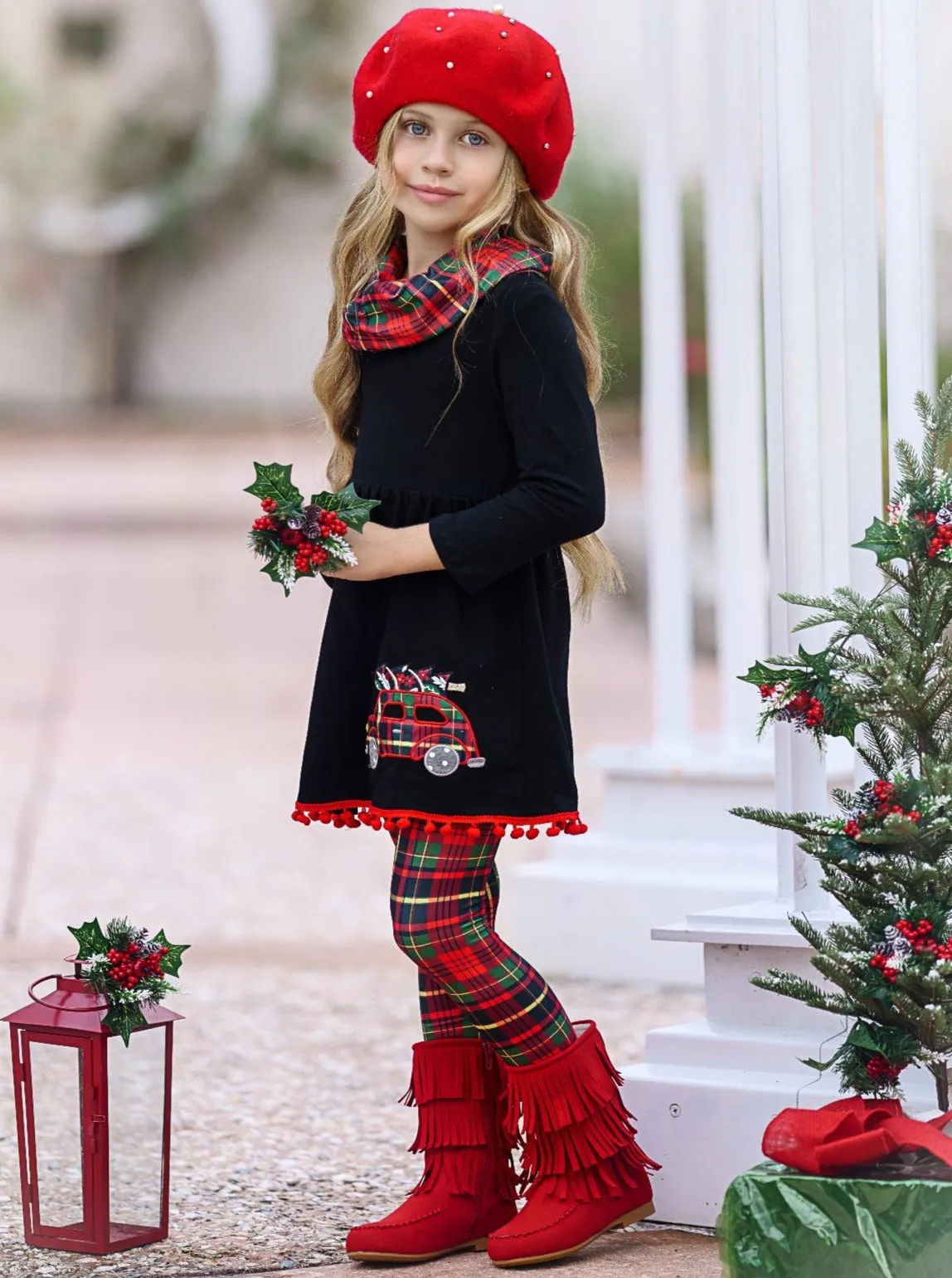 Christmas Tunic, Scarf, and Legging Set with Plaid Design