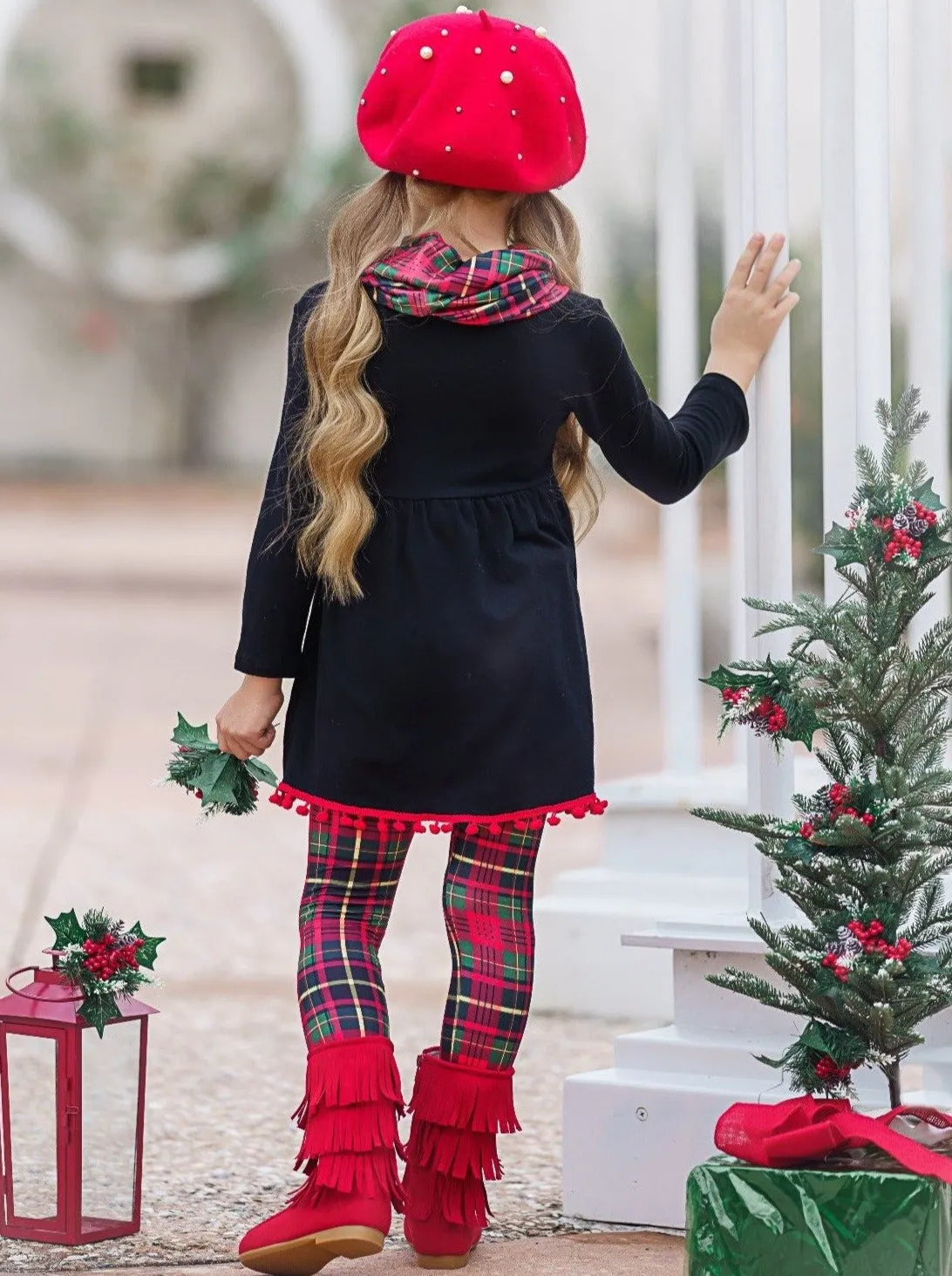 Christmas Tunic, Scarf, and Legging Set with Plaid Design