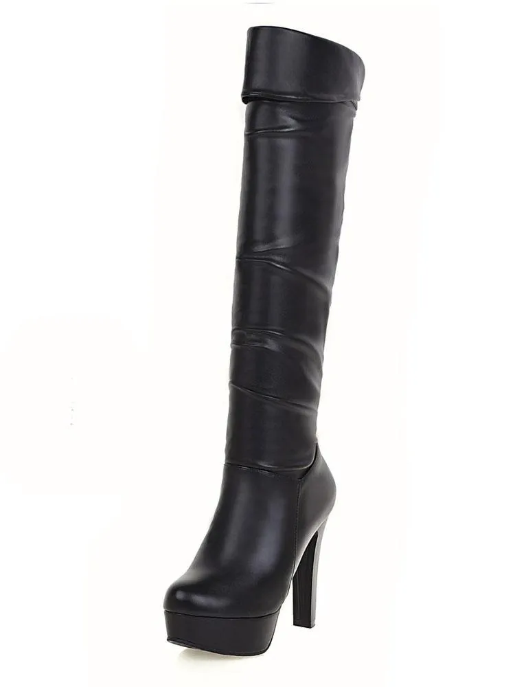 Chunky Almond Toe Platform Knee High Boots in Bright Leather;