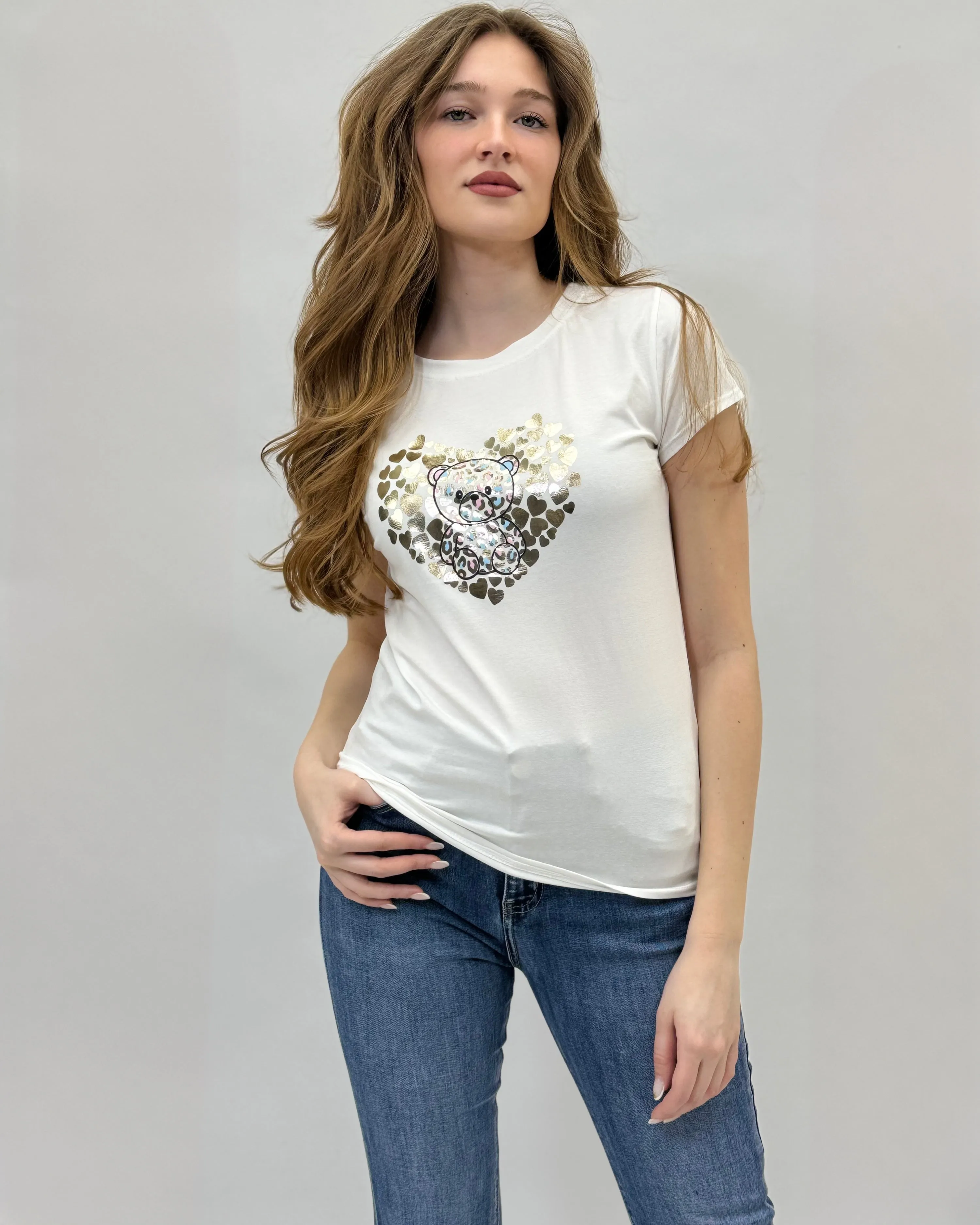 Cotton t-shirt with heart and bear print