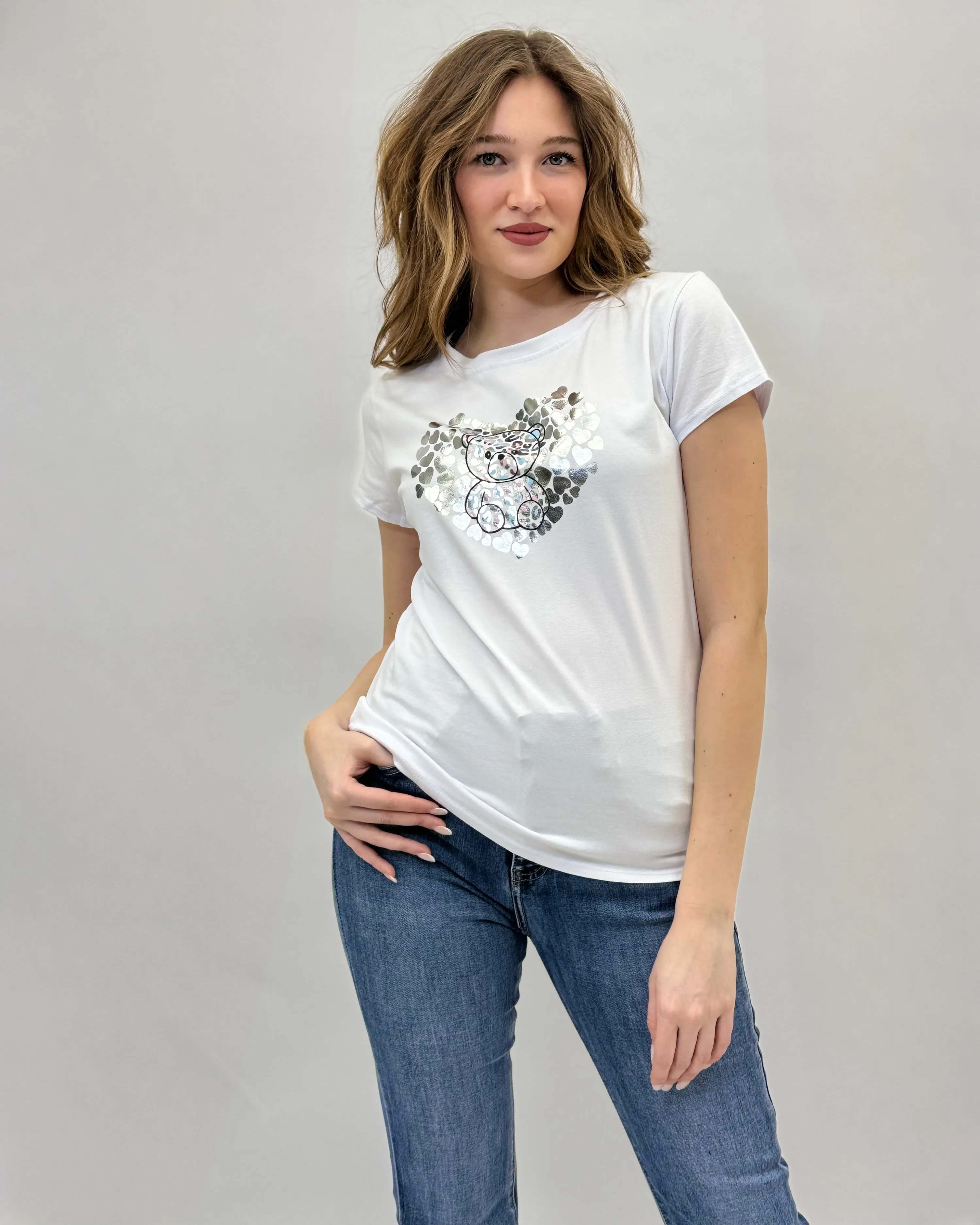 Cotton t-shirt with heart and bear print