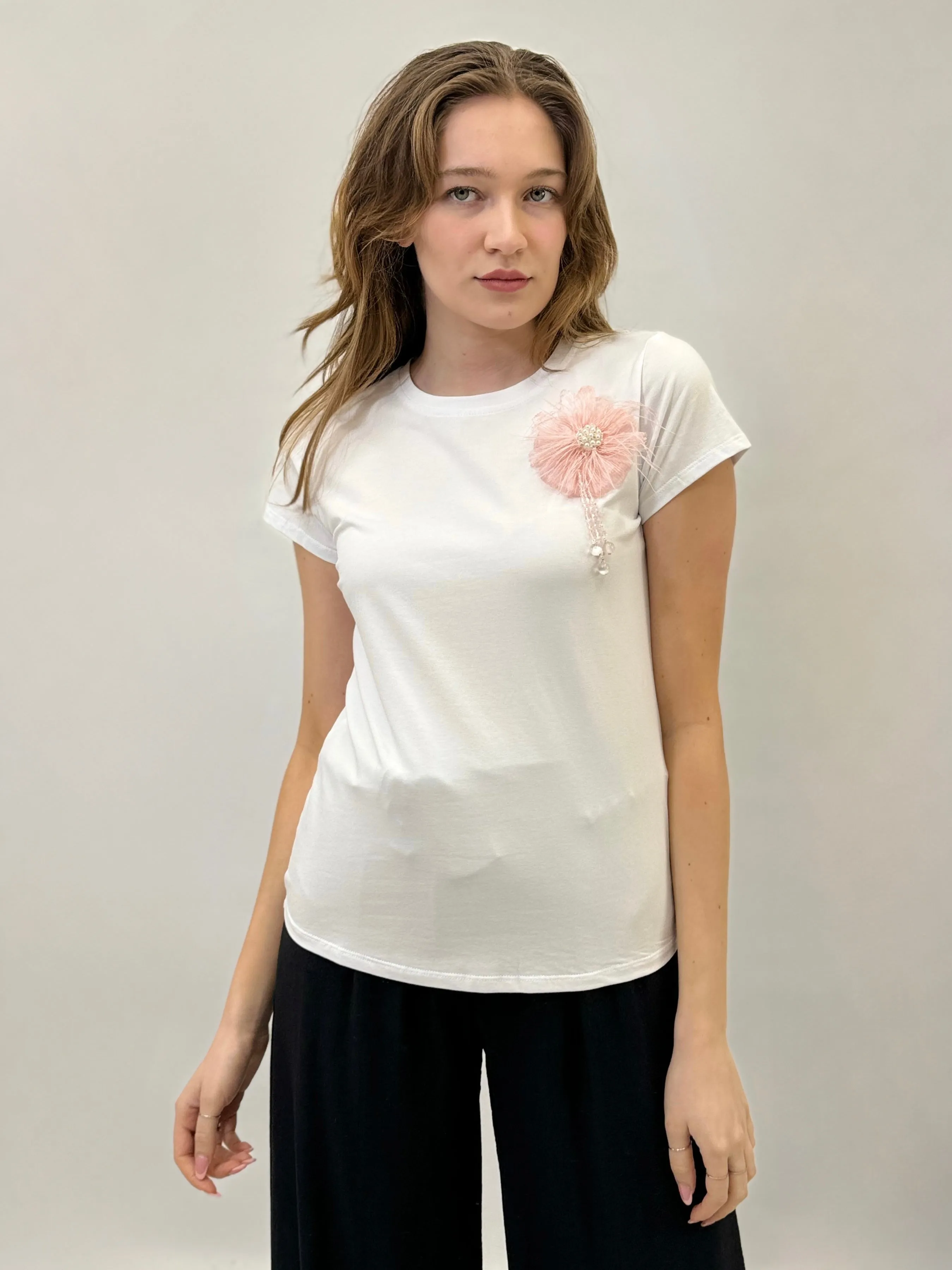 Cotton T-shirt with tulle flower - Shop now.