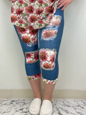 Denim Capri Pants with Sunflower Print - Blue Burgundy Pattern