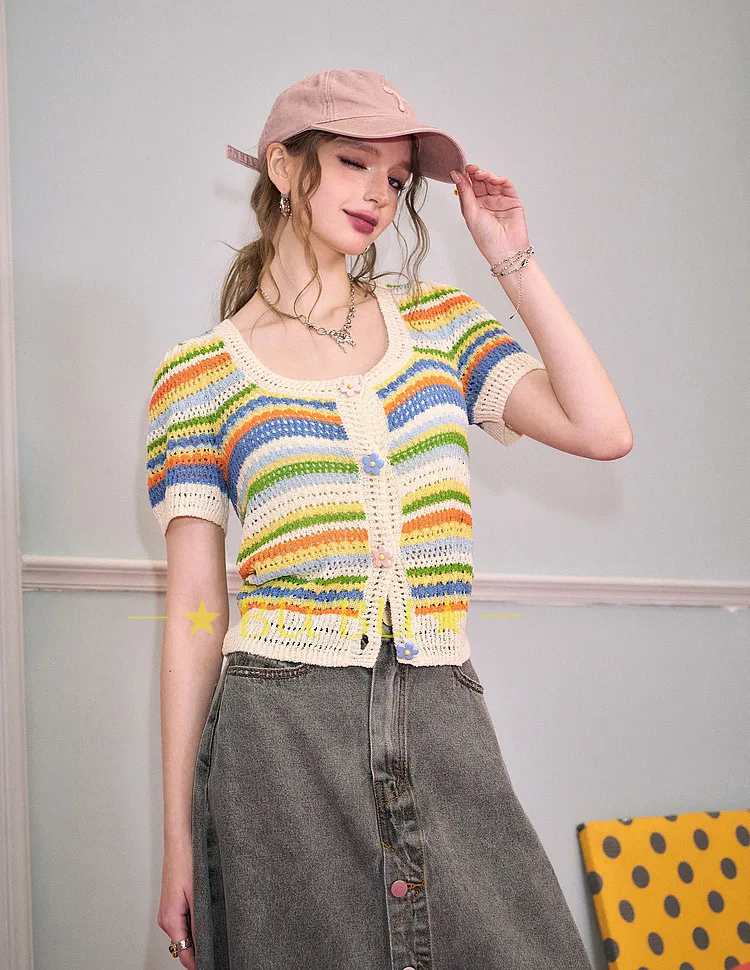 ELF SACK Stripes Blended Fabrics Short Sleeves Casual Style