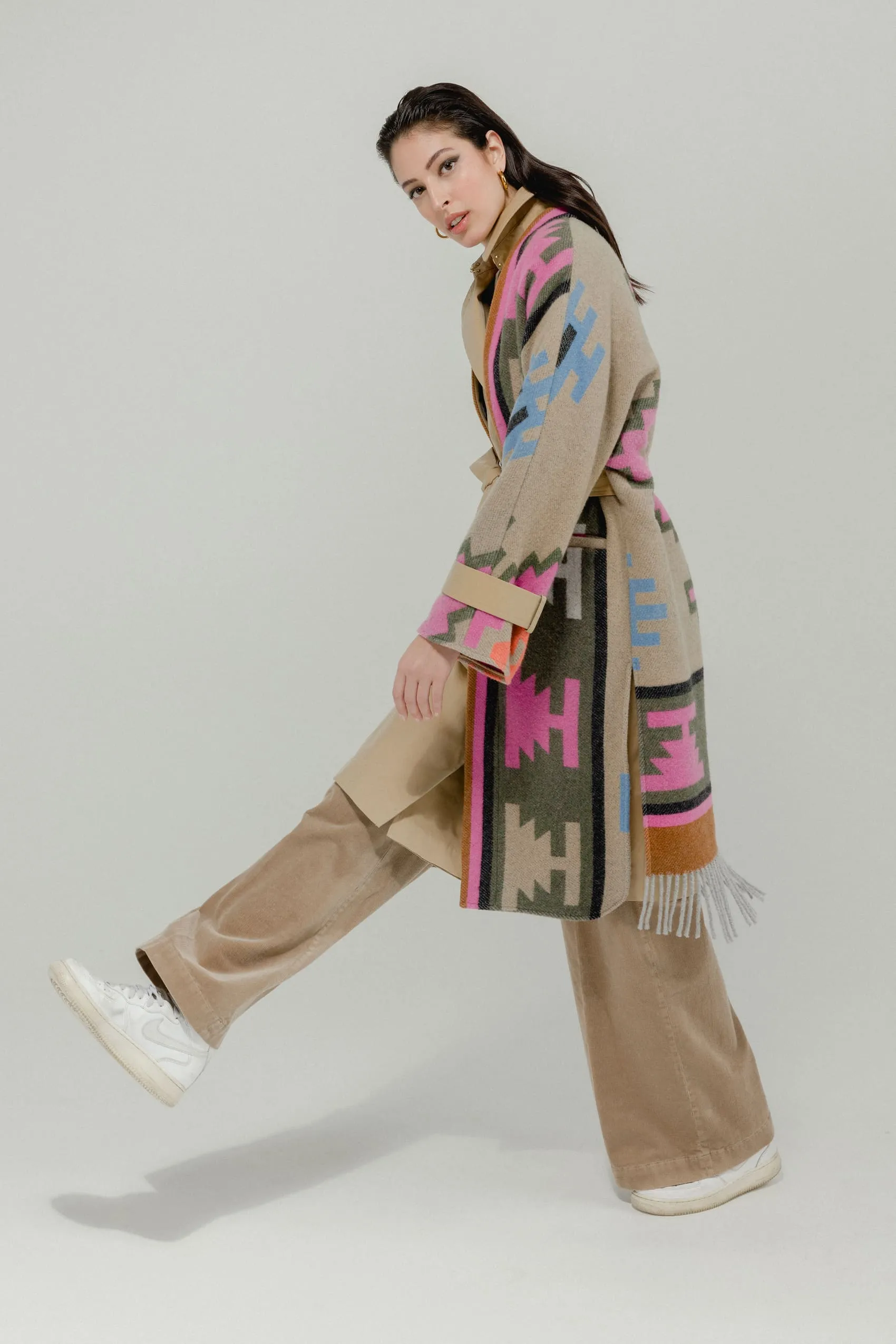 Ethnic pattern trench coat