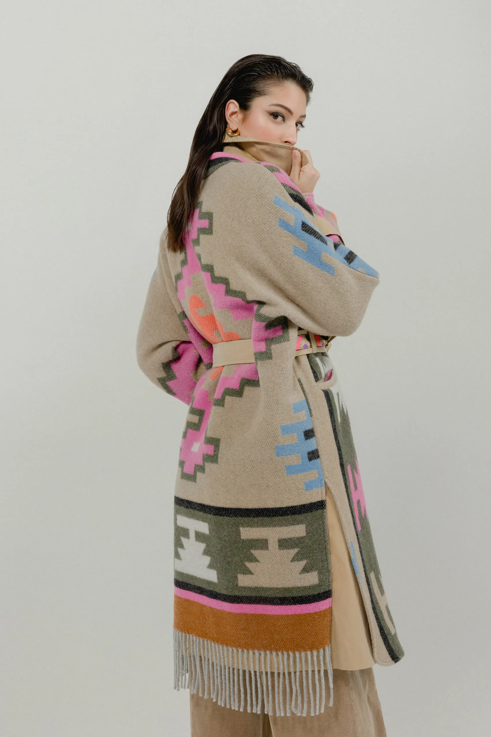 Ethnic pattern trench coat