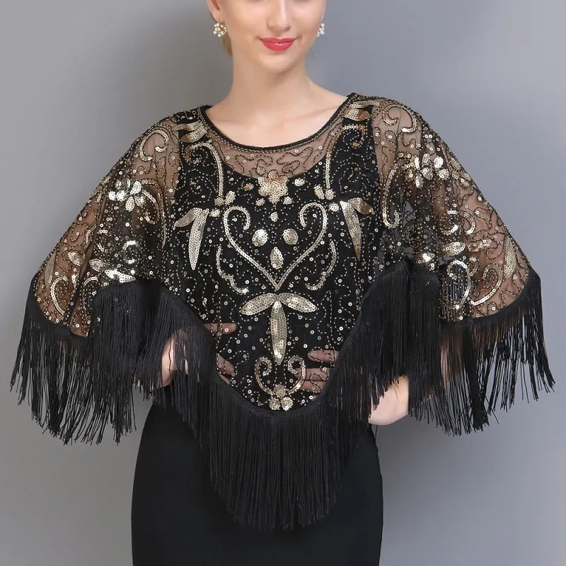 Evening Cape 1920s Flapper Dress Accessories for Women - Shawls, Scarves, Wraps, Ponchos | Sequin, Beaded, Fringe Cover-Up