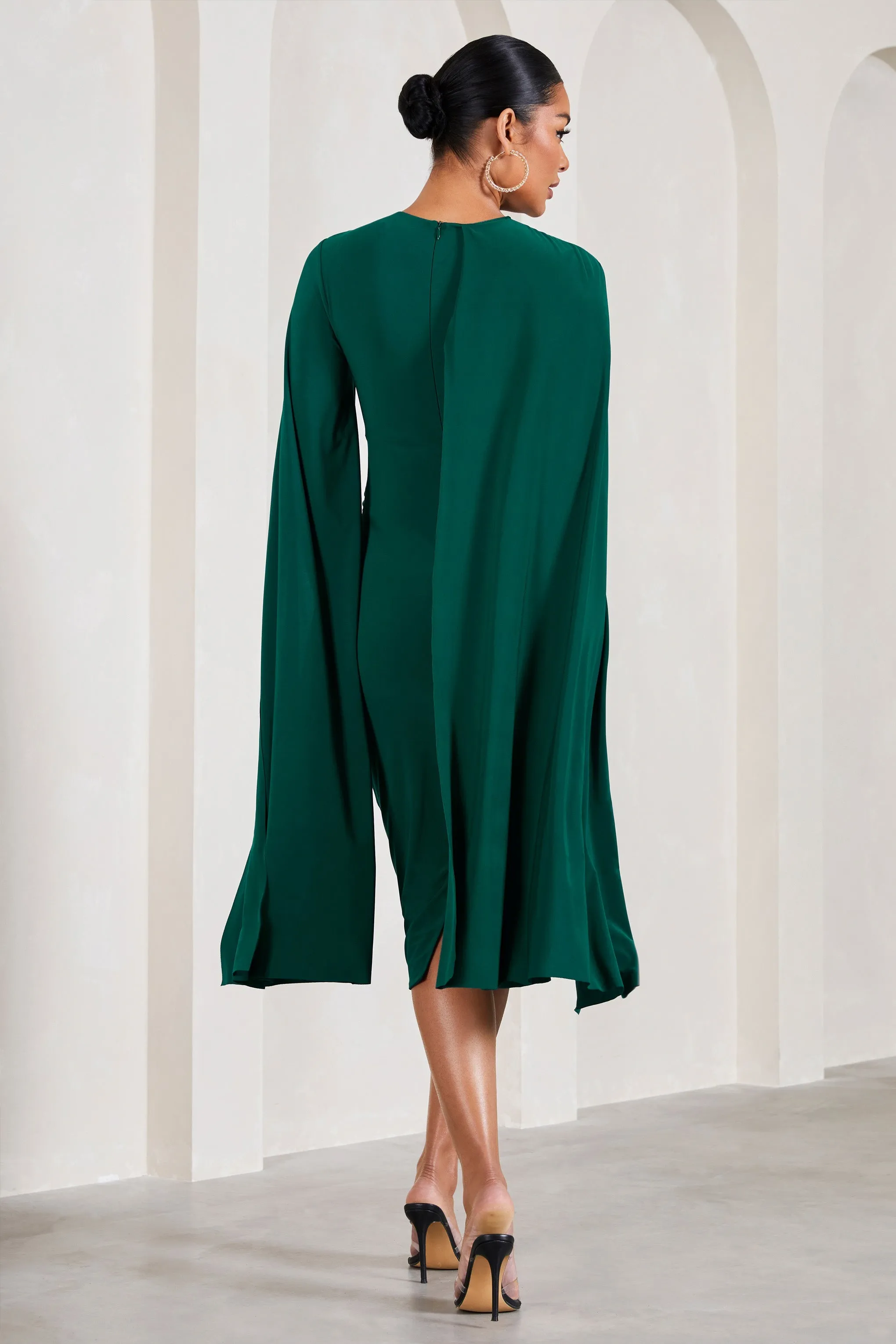 Fashionable Green Maternity Midi Dress with Cape Sleeves