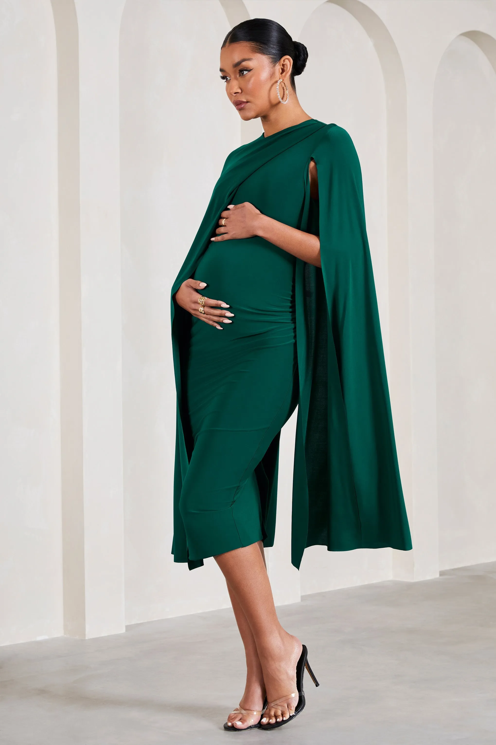 Fashionable Green Maternity Midi Dress with Cape Sleeves