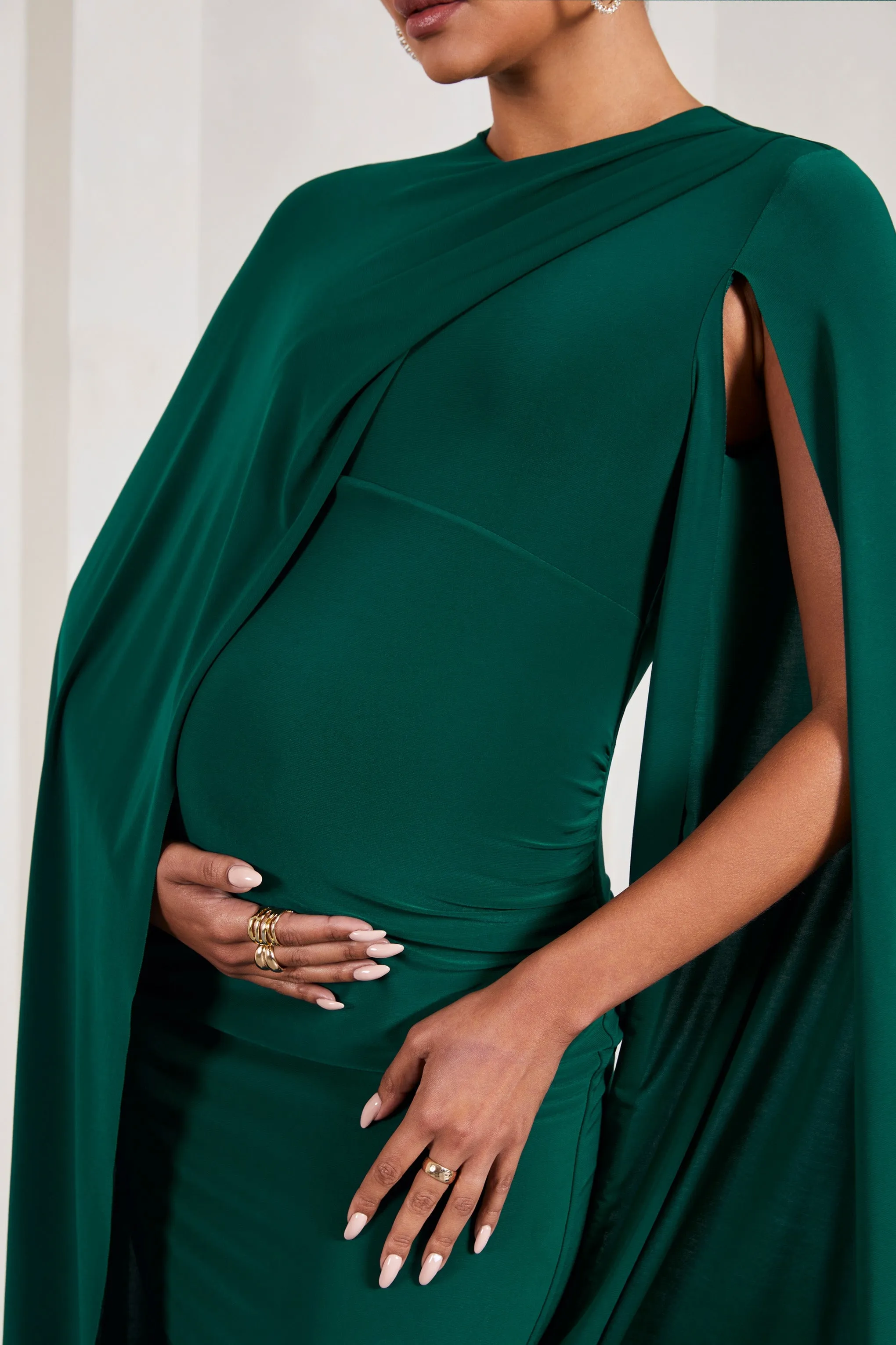 Fashionable Green Maternity Midi Dress with Cape Sleeves