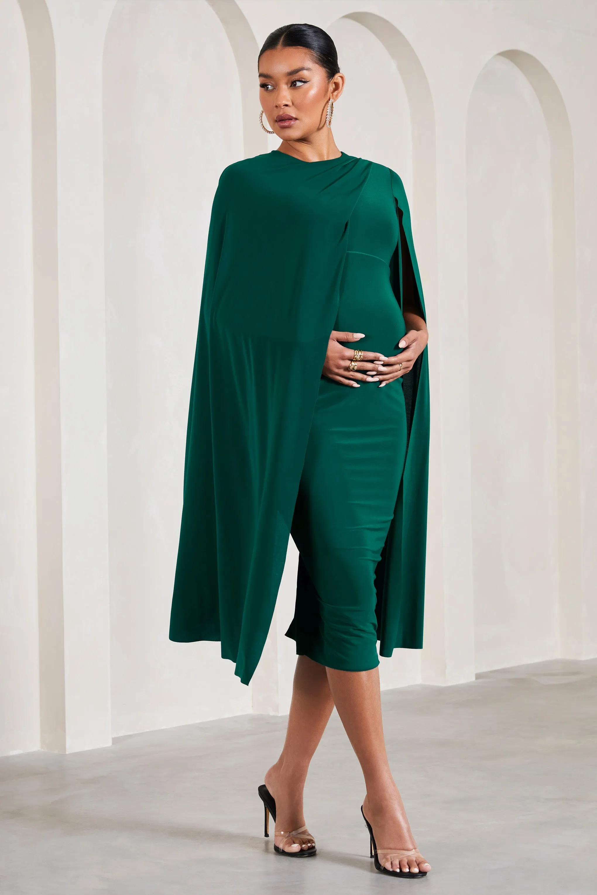 Fashionable Green Maternity Midi Dress with Cape Sleeves