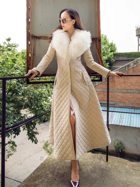 Feather Collar Longline Coat with Quilting Pockets for Winter