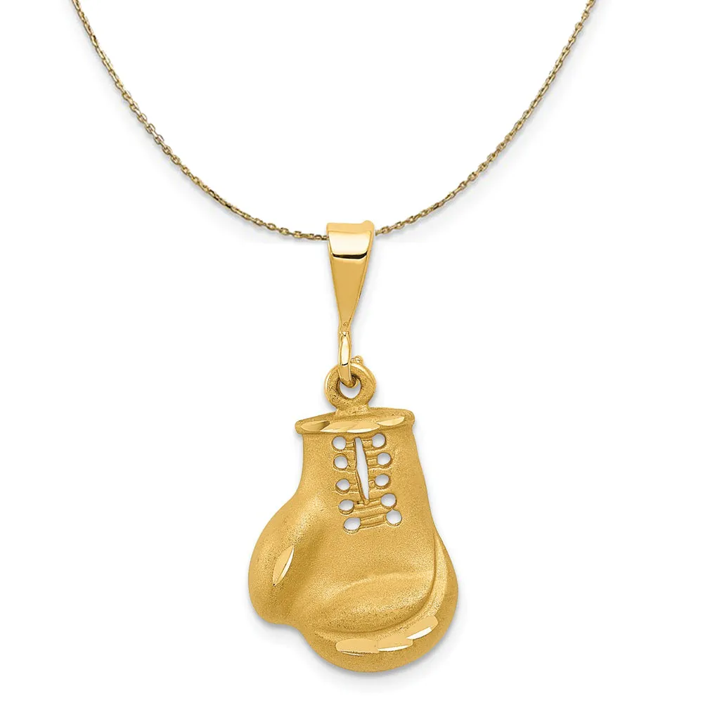 Gold Boxing Glove Necklace - 14k Yellow Gold Satin Finish with Diamond Cut Effects.