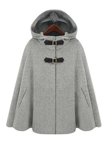 Hooded Grey Winter Poncho Coat for Women