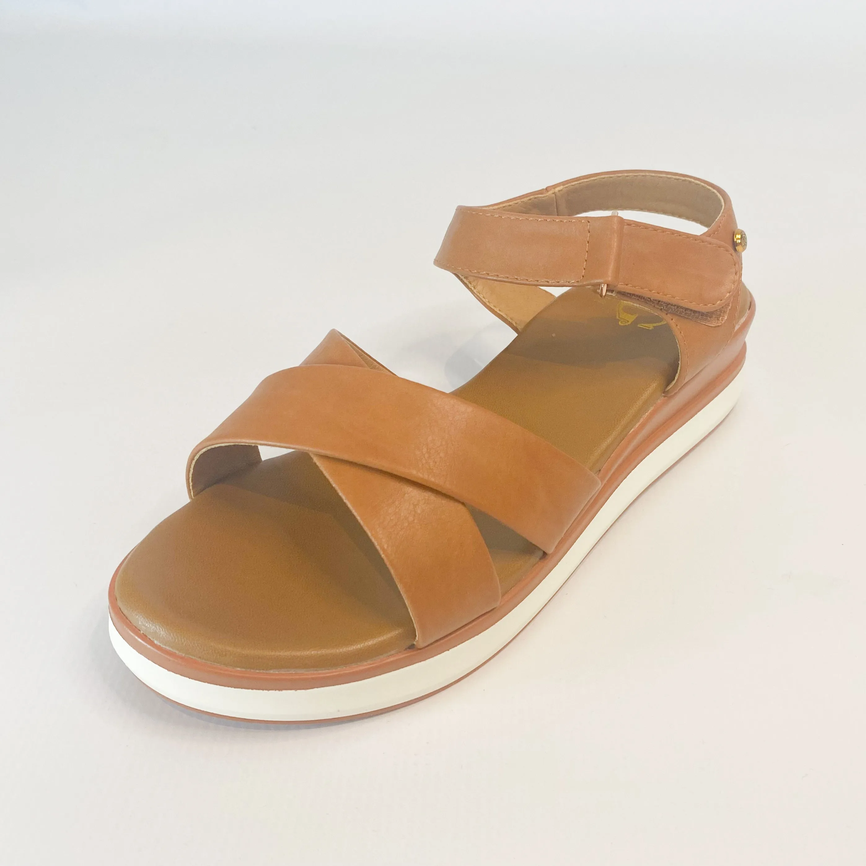 KG tan wedge sandal with crossover design