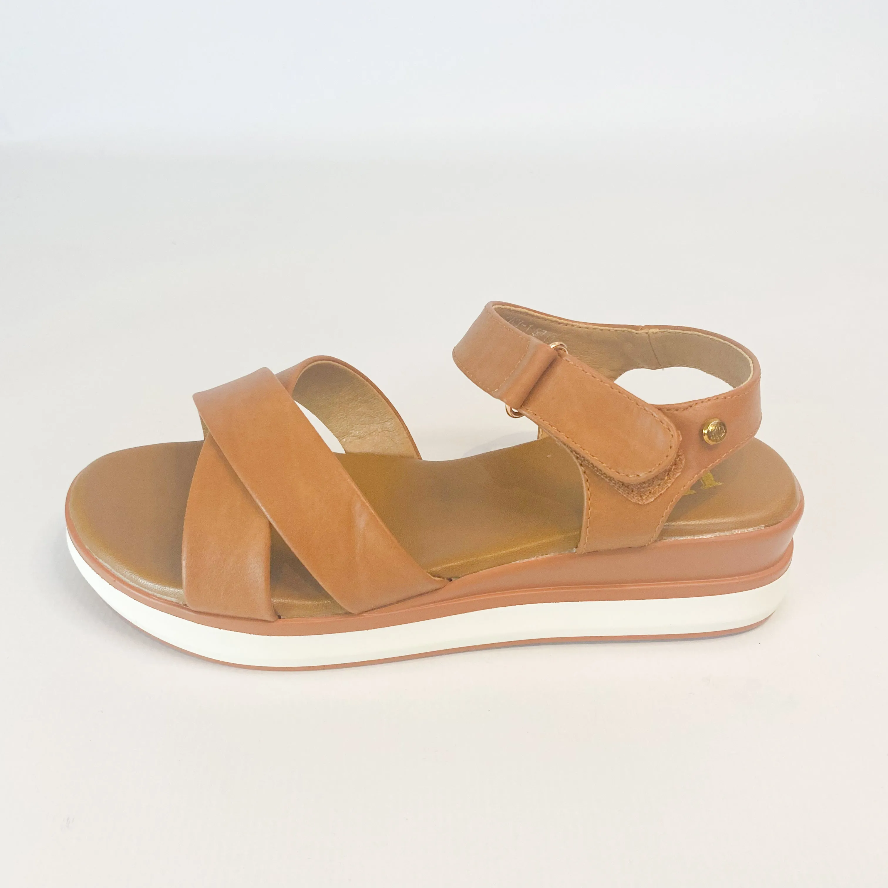 KG tan wedge sandal with crossover design