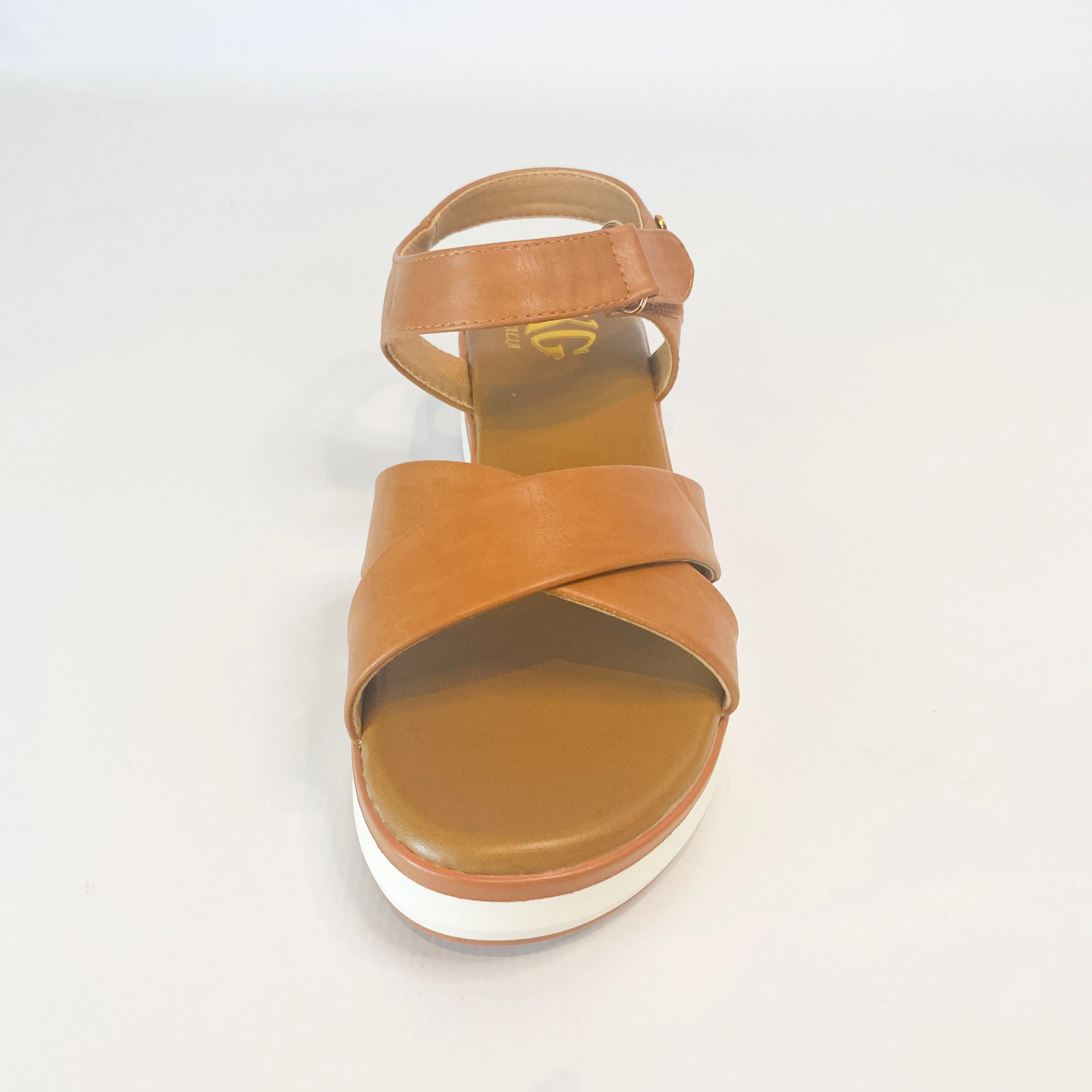 KG tan wedge sandal with crossover design