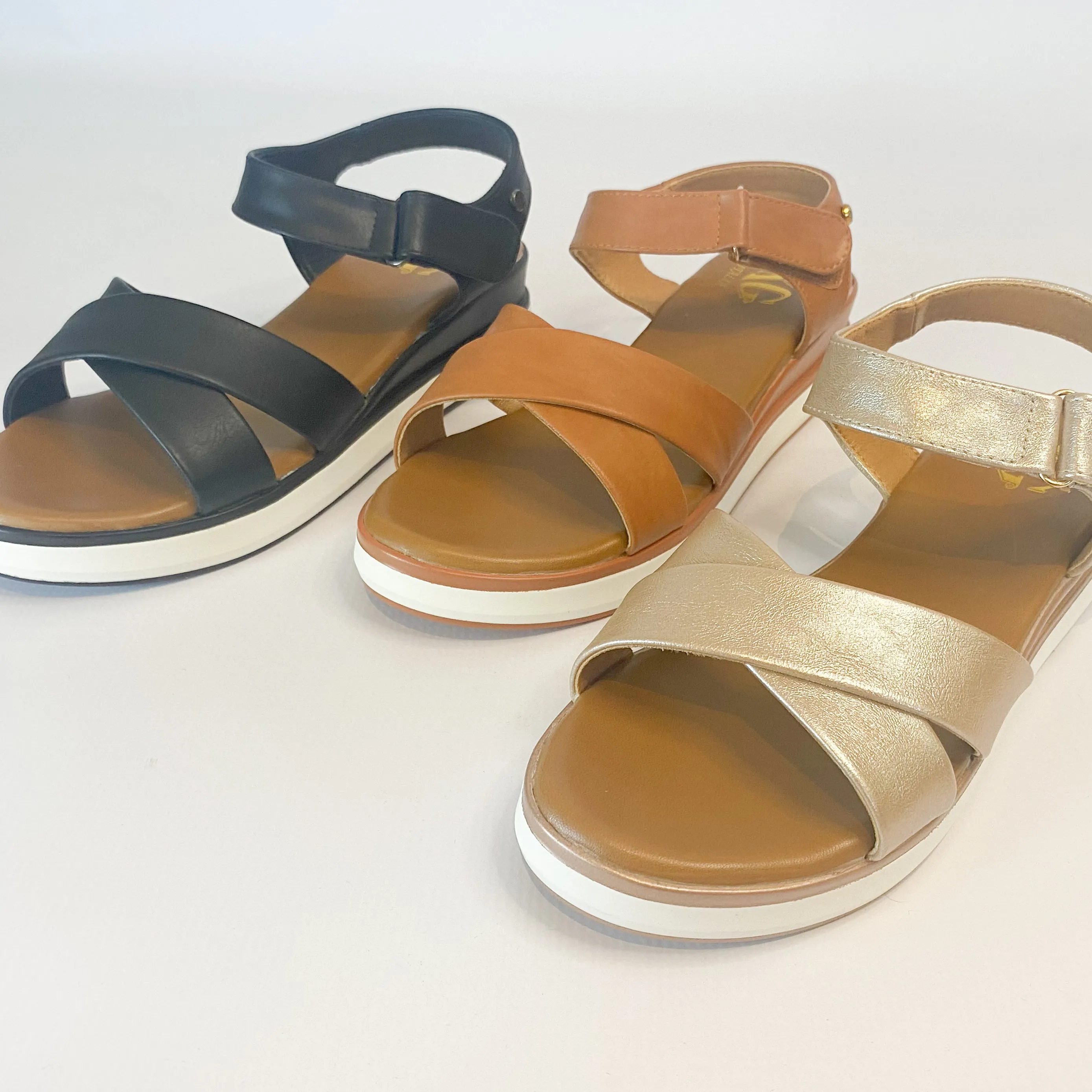 KG tan wedge sandal with crossover design