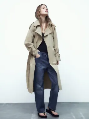 Khaki Trench Coat Women Turndown Collar Long Sleeves Outerwear.