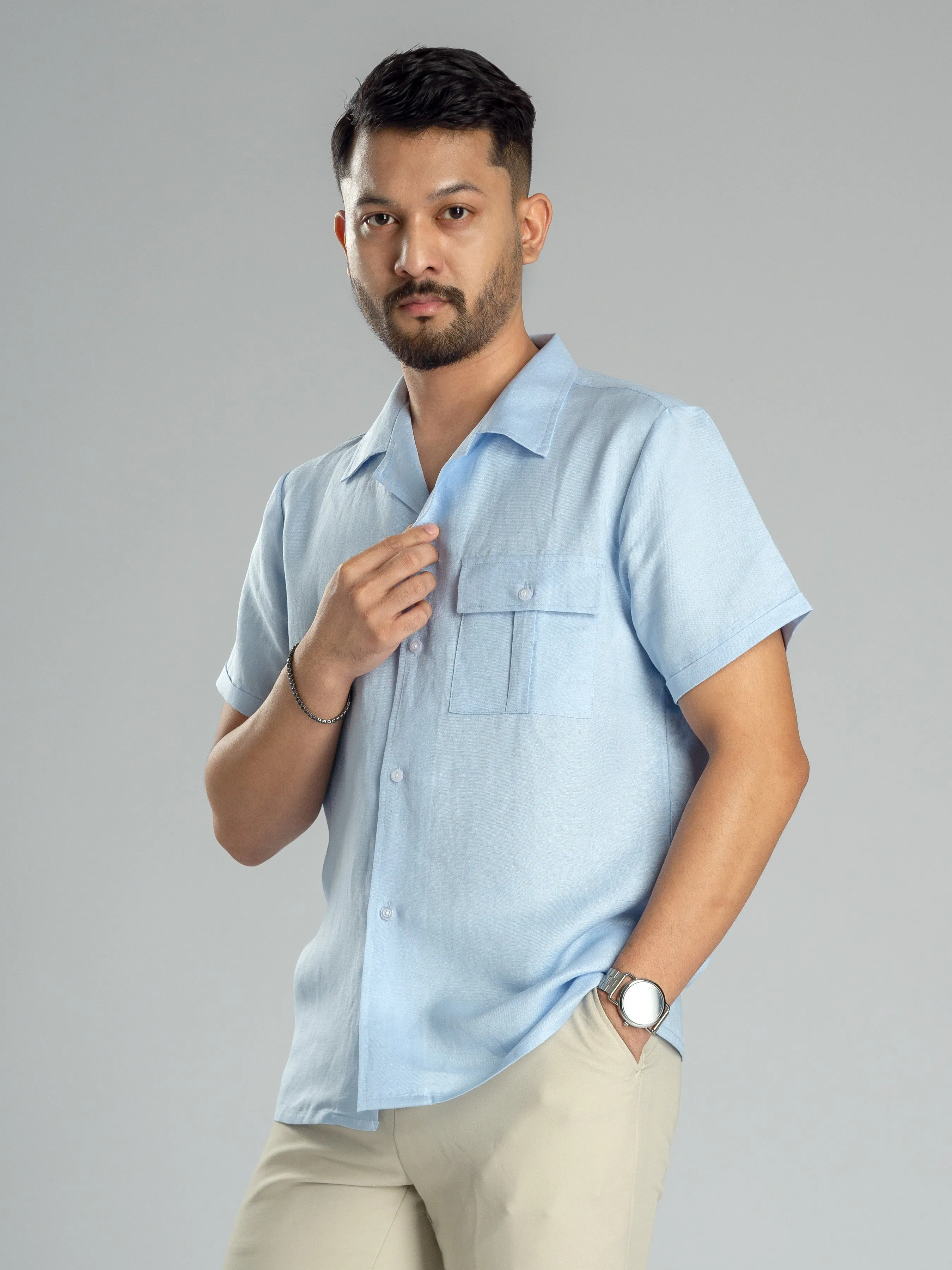 Light Blue Linen Cuban Collar Shirt