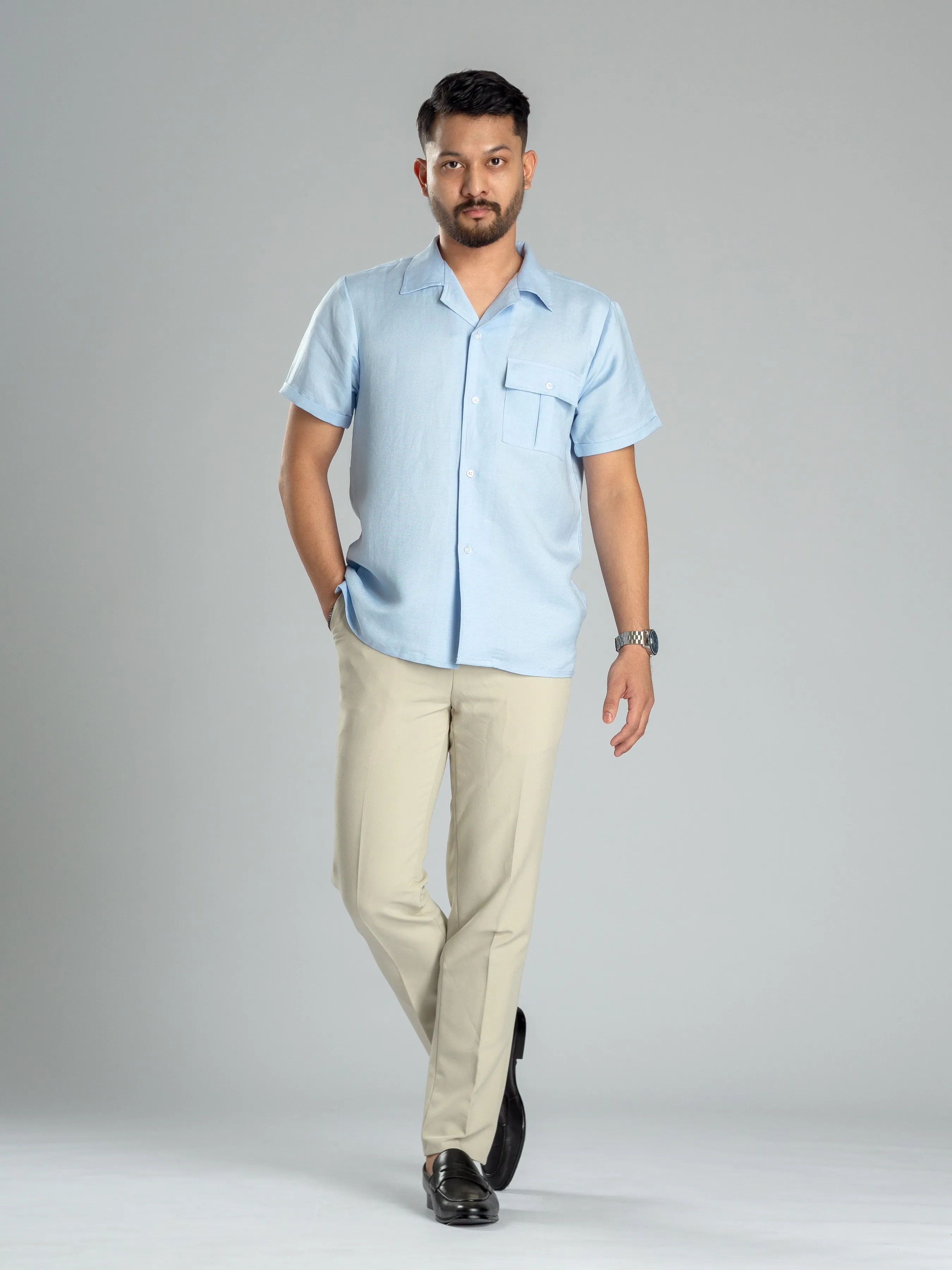 Light Blue Linen Cuban Collar Shirt