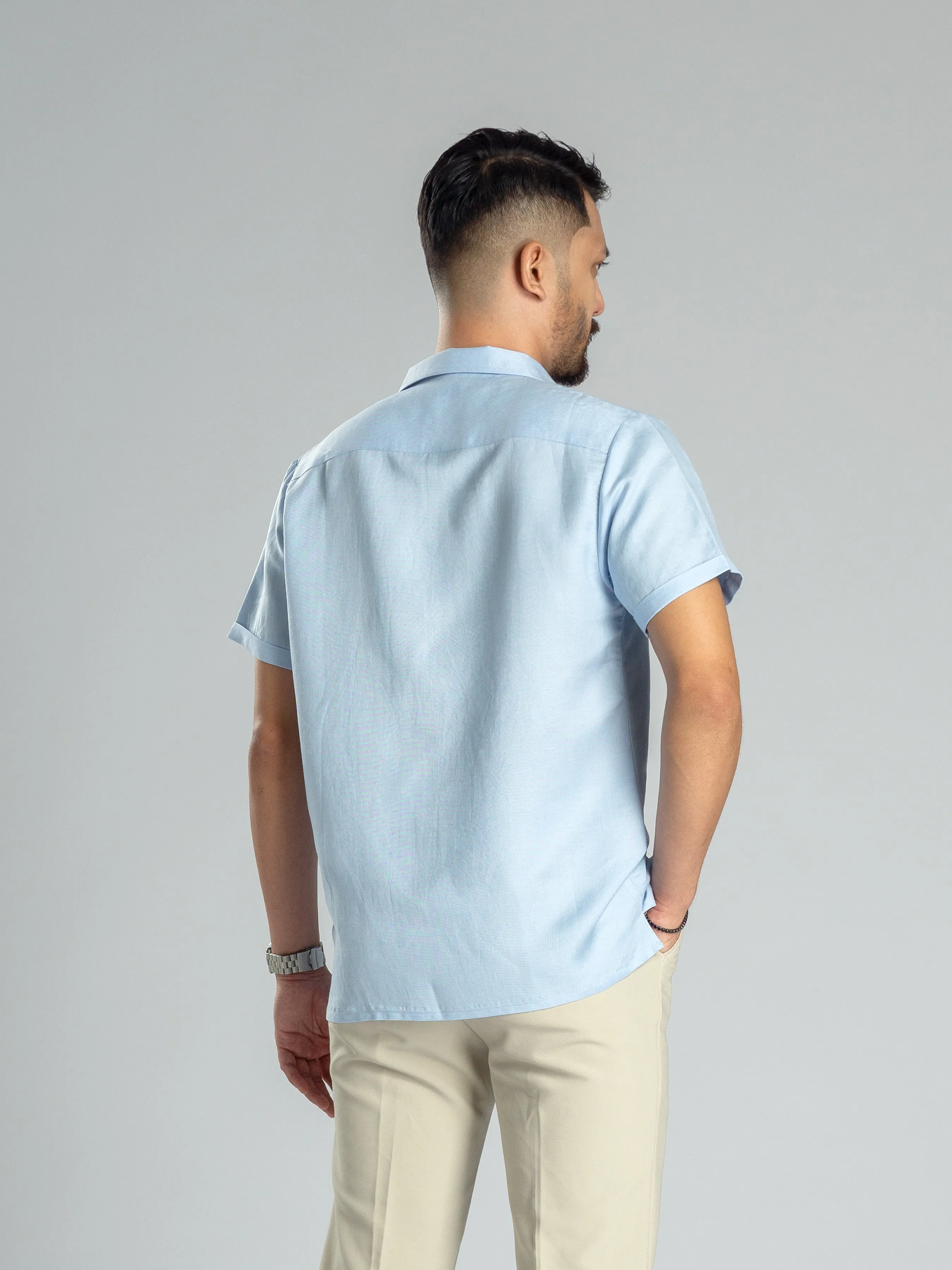 Light Blue Linen Cuban Collar Shirt