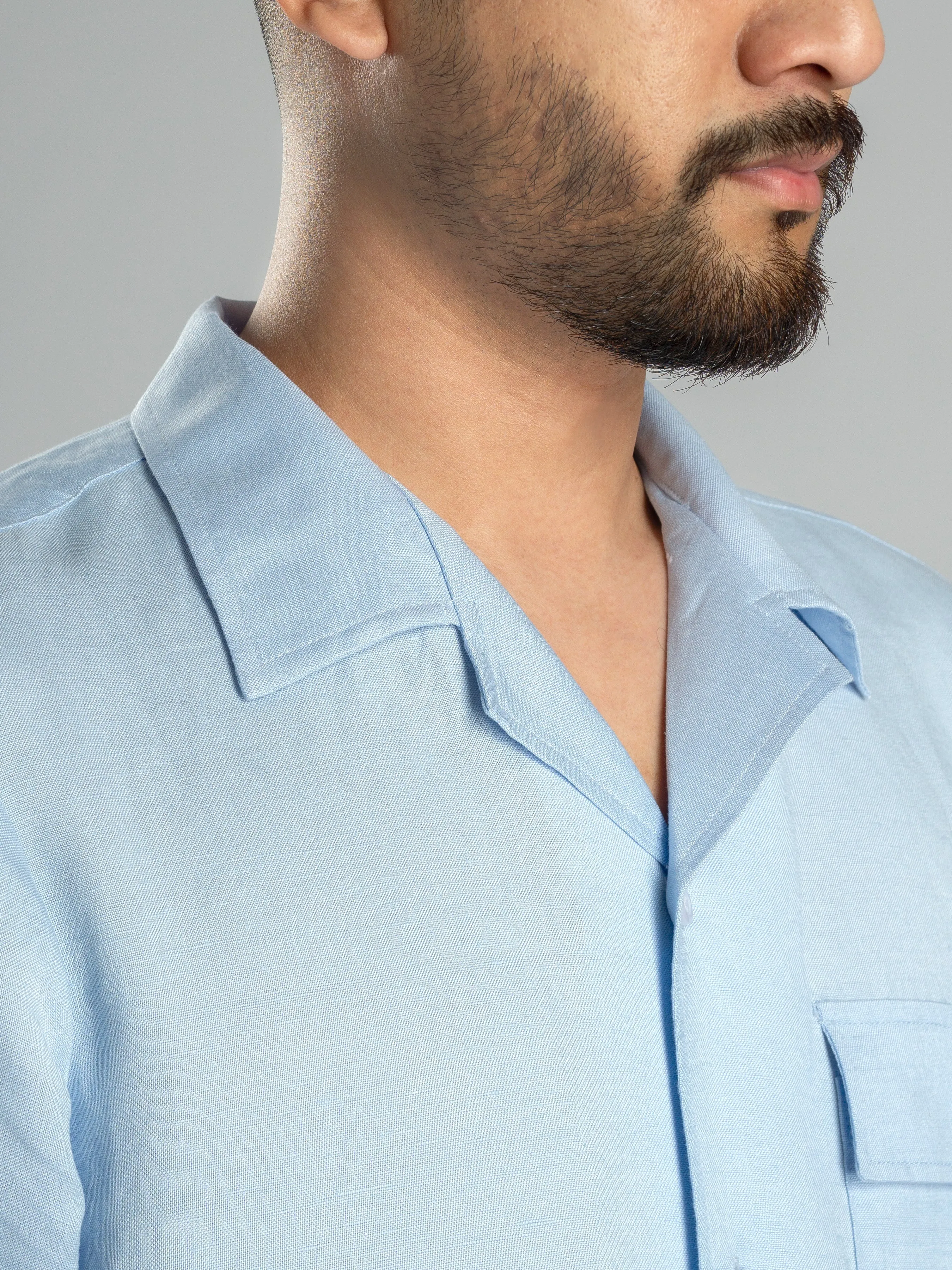 Light Blue Linen Cuban Collar Shirt