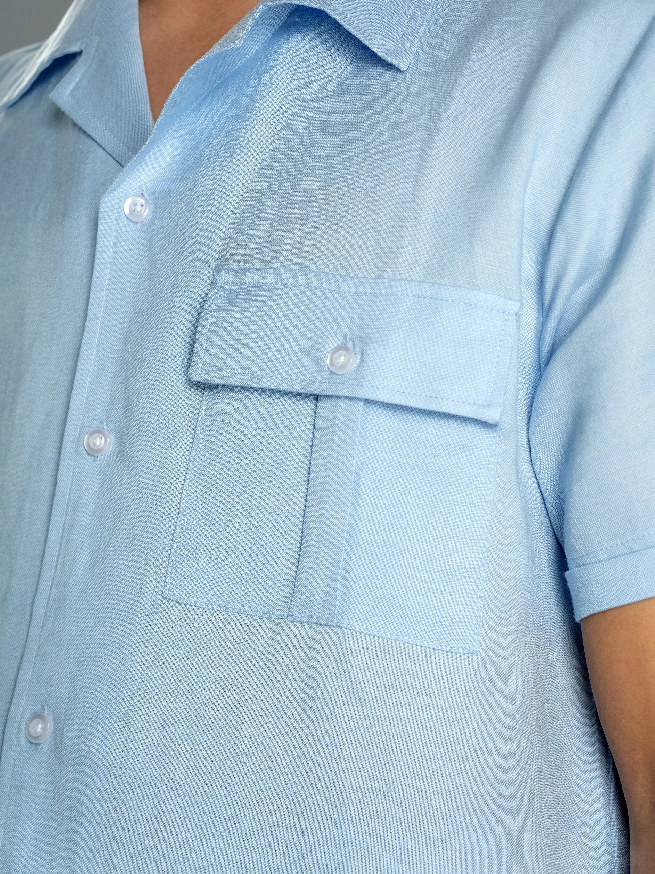 Light Blue Linen Cuban Collar Shirt